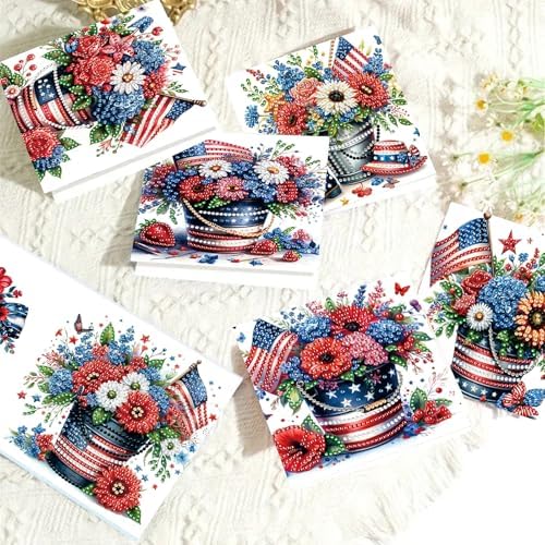 Diamond Art Painting Cards,6 Pack Gem Art Greeting Cards with Envelopes, 5D Diamond Dots Kits Birthday Cards Making Kits for Adults Family Friends Birthday Gifts(Independence Day Flowers) - Image 3