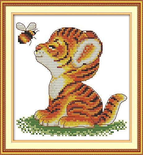 Maydiyer Cross Stitch Kits Stamped Full Range of Embroidery Starter Kits for Beginners DIY 11CT Easy Patterns Embroidery Kit for Girls-Tiger and Bee 9×9.5 inch