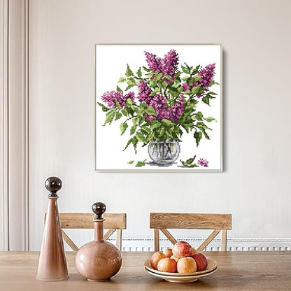 Qeerysew Cross Stitch Kit Stamped Full Range of Embroidery Starter Kits for Beginners DIY-Printed kit Purple Flower 3(Printed) 11CT 14.6×14.6 inches