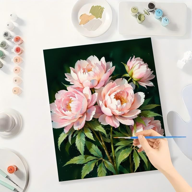 Floral Art Paint by Numbers Kit for Adults - DIY Pink Peonies Bouquet Painting on Canvas, Acrylic Paint Set, Suitable for Beginners, Elegant Art for Home Decoration or Gifts(16X20IN Framed) - Image 3