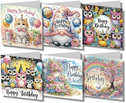 6 Pack DIY Diamond Art Painting Greeting Card Kit Happy Birthday, 5D Diamond Art Christmas Birthday Holiday Foldable Thank You Cards Blessing Greeting Card, Crafts Kit Creative with Envelope by POETRYDRAW