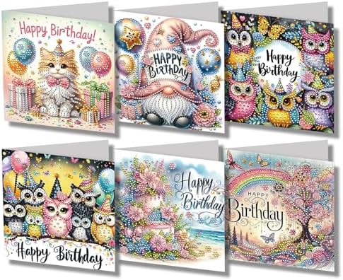 6 Packs Diamond Painting Cards Kits for Adults, Happy Birthday Diamond Art Greeting Cards with Envelop, Diamond Art Cards Gift for Families, Friends, Partners (Birthday 02) by Unknown