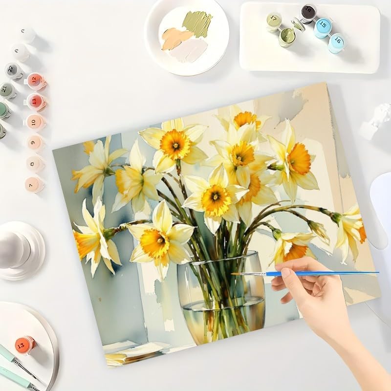 Blooming Daffodil Vase Paint by Numbers Kit for Adults - DIY Yellow Narcissus Bouquet Painting on Canvas 8x12In, Framed Acrylic Paint Set, Suitable for Beginners, Botanical Art for Decoration - Image 3
