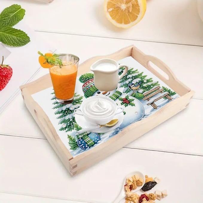 DoxQcs DIY Diamond Art Wooden Food Tray with Handle Diamond Painted Table Decoration Tray for Breakfast Bar Dinner Table Diamonds Art Painting for Beginners-Snowman