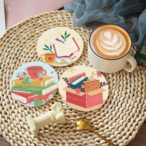 8 Pcs Book Diamond Art Coasters Kit - DIY 5D Diamond Painting Coasters with Holder, Mini Diamonds Arts Kits for Adults Coaster with Cork Pads, Gem Arts Dots Painting Crafts Supplies for Home Decor - Image 3