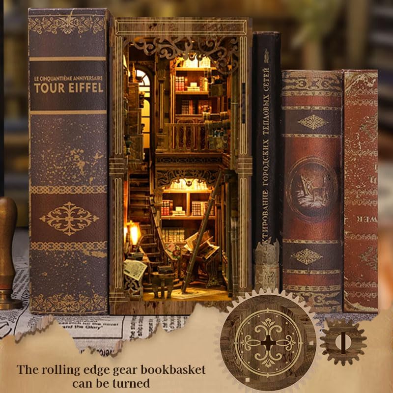 Antique Book Collection Room DIY Book Nook Kit for Adults - Wooden Bookshelf 3D Book Nook Miniature Kit with LED Lights, Puzzle Library Decor for Book Lovers, Dust Proof Display, Unique Gift - Image 5