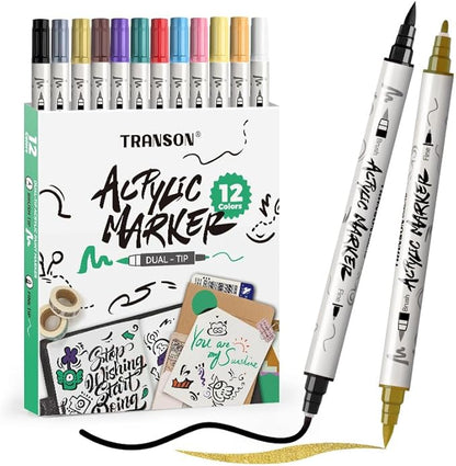 TRANSON 12 Colors Fine and Brush Dual-tip Acrylic Paint Marker Pen Set for Canvas Rock Wood Leather Ceramic DIY Painting