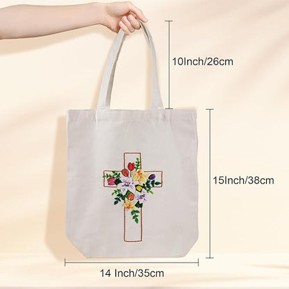 Louise Maelys Cross Lily Embroidery Kit Canvas Tote Bag for Beginners,Cross Stitch Kits for Adults,DIY Crafts Needlepoint Include Easter Jesus Pattern,Women Shopping Reusable Grocery Bags