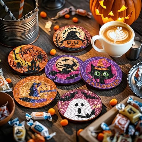 EWJRNSF 6 PCS Halloween 5D Diamond Painting Coasters Kit with Holder DIY - Image 6