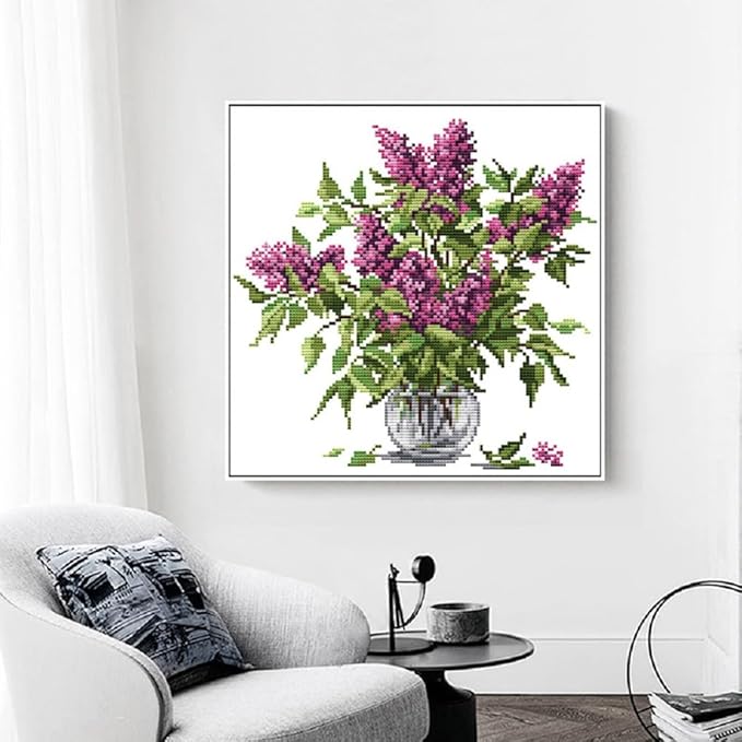 Qeerysew Cross Stitch Kit Stamped Full Range of Embroidery Starter Kits for Beginners DIY-Printed kit Purple Flower 3(Printed) 11CT 14.6×14.6 inches