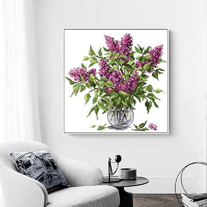 Qeerysew Cross Stitch Kit Stamped Full Range of Embroidery Starter Kits for Beginners DIY-Printed kit Purple Flower 3(Printed) 11CT 14.6×14.6 inches