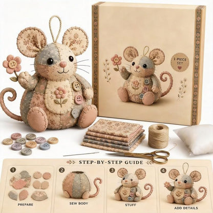 Vintage Patchwork Mouse DIY Sewing Kit for Adult Beginners, All-in-One Floral Fabric Craft Set with Pre-Cut Fabric, Supplies & Step Guide, Cute Mouse Ornament for Desk Home Decor, Perfect Craft Gift - Image 2