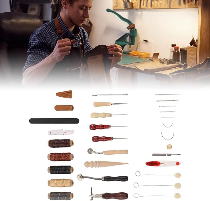 Leather Sewing Kit, Leather Working Tools, Premium DIY Leather Craft Set with Wax Threads Needle Finger Cots Sanding Stick, Stainless Steel Leather Tools for Beginners Professional