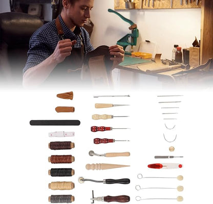 Leather Sewing Kit, Leather Working Tools, Premium DIY Leather Craft Set with Wax Threads Needle Finger Cots Sanding Stick, Stainless Steel Leather Tools for Beginners Professional