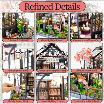 MINORIA Sakura Greenhouse DIY - Miniature House Building Kit-3D Wooden Cherry Blossom Dollhouse with Acrylic Dust Cover - LED Light - Image 4