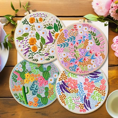 BEUNITONE 4 Set Covered Flower Embroidery Kit for Beginners 7.9"x7.9" - Image 6