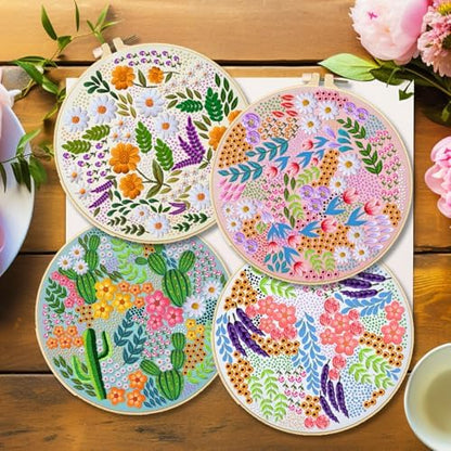 BEUNITONE 4 Set Covered Flower Embroidery Kit for Beginners 7.9"x7.9" - Image 6