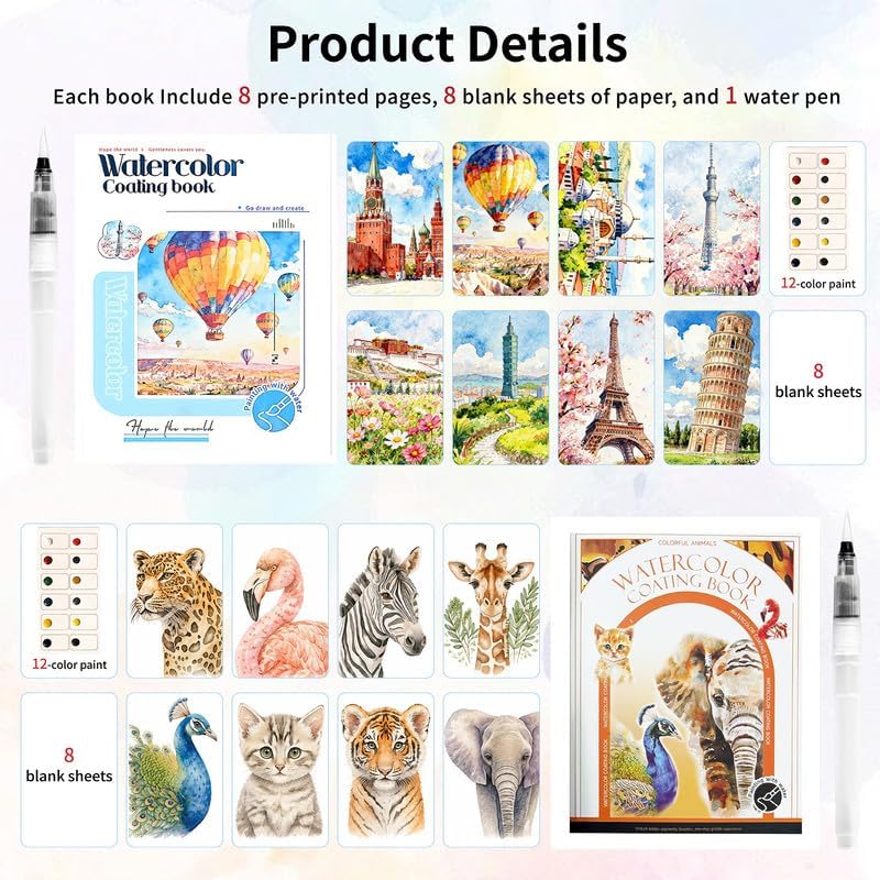 Watercolor Coloring Book for Adults, 2-Pack Watercolor Workbook Kit for Beginners with 24 Colors, 2 Water Brushes, 32 Pages, 240gsm Thick Watercolor Paper, Stress Relief Art Gift (Travel & Animal) - Image 6