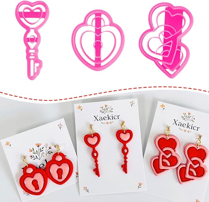 Xaekicr Heart Lock and Key Clay Cutters Set – 3PCS Polymer Clay Cutters for Earrings, Valentine’s Day Clay Earring Cutters, Polymer Clay Molds for Jewelry Making, Clay Tools