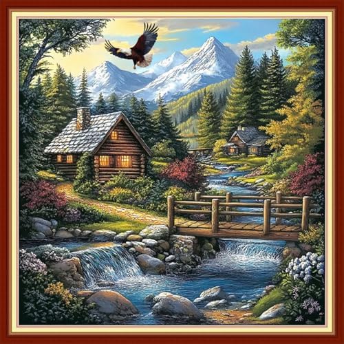 Joyhoor Cross Stitch Kits for Beginners Stamped Cross-Stitch Supplies Needlework preprint Embroidery Kits for Adults DIY Needlepoint Kits Embroidery Patterns 11CT-Creek Cottage 18x18 inchs by JoyhoorCrossStitchKits