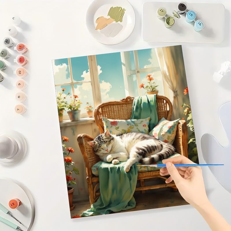 Cozy Corners Paint by Numbers Kit for Adults - DIY Sleeping Cat on Wicker Chair by Window Painting on Canvas 16x20 Inches, Acrylic Paint Set, Suitable for Beginners, Art for Bedroom or Gifts - Image 3