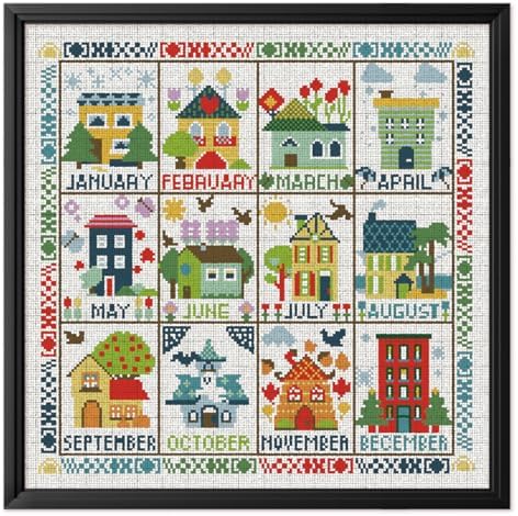 FREEBLOSS 11CT Cross Stitch Kit Stamped Cross Stitch Craft Kit with Stitching Guide for Beginners Monthly House Embroidery Set Crossstitch Wall Hanging Set 17.7x17.7inch by FreeandCreativeCraftsArt