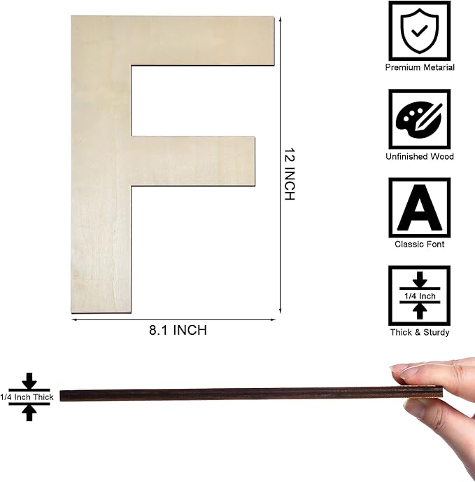 12 Inch Wooden Letter F, 1/4 Inch Thick Large Unfinished Wood Letter for Home Wall Decor, DIY Crafts
