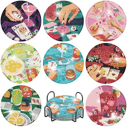 8 Pcs Diamond Art Coasters Kit for Adults Beginners, Poker Diamond Painting Coasters with Holder, 5D Cocktail Gem Art DIY Crafts Diamond Dots for Gift by tigdtiu