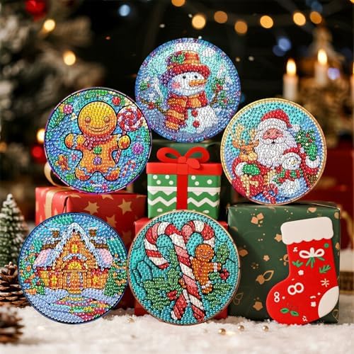 EWJRNSF 6 PCS 5D Diamond Painting Coasters Kits with Holder, Small Diamond Art Kits for Adults Beginners Diamond Dots Arts and Crafts Gems Supplies Item Christmas Style - Image 4