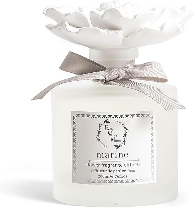 Pretty Valley Home Reed Diffuser Sets, 6.76 Fl. Oz / 200ML Ceramic Diffuser Flower Gift Box, Home Reed Diffuser for Bathroom Office Bathroom Living Room Decor (Marine White)