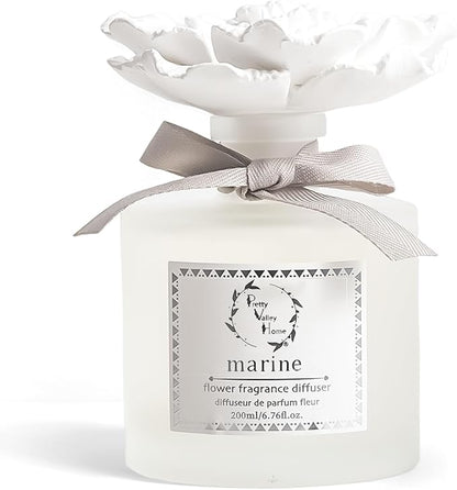 Pretty Valley Home Reed Diffuser Sets, 6.76 Fl. Oz / 200ML Ceramic Diffuser Flower Gift Box, Home Reed Diffuser for Bathroom Office Bathroom Living Room Decor (Marine White)