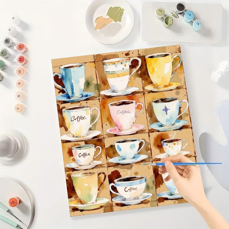 TAOPAOLAB Kitchen Paint by Numbers Kit for Adults - DIY Watercolor Coffee Cups Grid Painting on Canvas 12x16In, Framed Acrylic Paint Set, Suitable for Beginners, Art for Corner/Gifts - Image 3