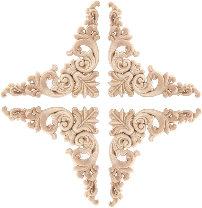 4PCS Corner Wooden Carving Decal Unpainted Wood Appliques Onlays DIY Wood Carved Furniture Appliques Onlays for Wall Bed Door Wardrobe Cabinet Furniture Decoration(02,12x12cm/4.72x4.72inch)