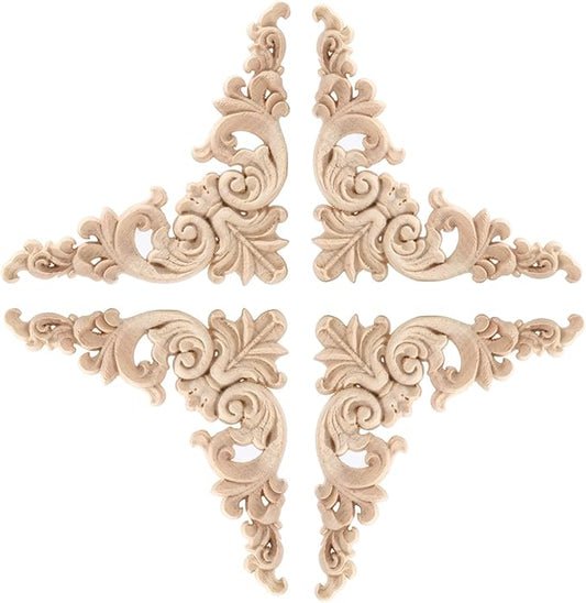 4PCS Corner Wooden Carving Decal Unpainted Wood Appliques Onlays DIY Wood Carved Furniture Appliques Onlays for Wall Bed Door Wardrobe Cabinet Furniture Decoration(02,12x12cm/4.72x4.72inch)