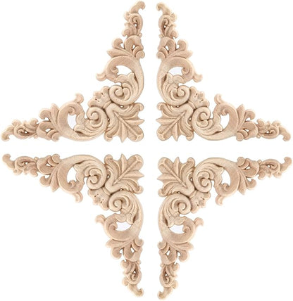 4PCS Corner Wooden Carving Decal Unpainted Wood Appliques Onlays DIY Wood Carved Furniture Appliques Onlays for Wall Bed Door Wardrobe Cabinet Furniture Decoration(02,20x20cm/7.87x7.87inch)