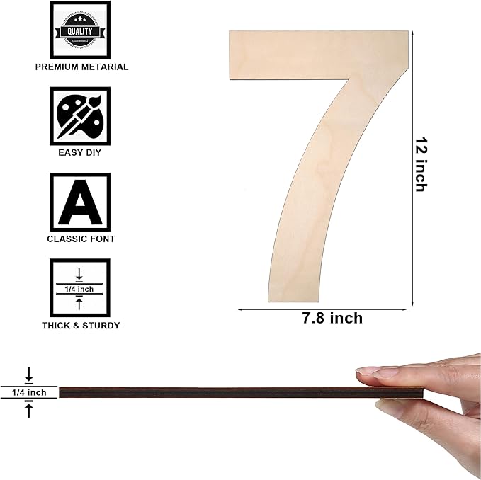 12 Inch Wooden Number 7, 1/4 Inch Thick Large Unfinished Wood Letter for DIY Crafts Home Wall Decor