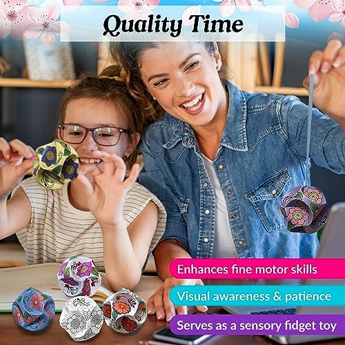 10 DIY Origami Balls, Paper Ornaments, Orbs. No Tools Needed, Just Color-Connect-Complete. Kids + Adult Coloring Craft, Stimulates Creativity, Releases Stress. Fun Family Activity (Flower Patterns) - Image 5