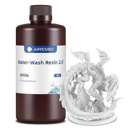 ANYCUBIC Water Washable Resin 2.0, 3D Printer Resin with Low Viscosity and Fast Printing, 405nm High Precision UV-Curing 3D Resin, Photopolymer Resin for 8K Capable LCD DLP 3D Printing (White, 1kg)