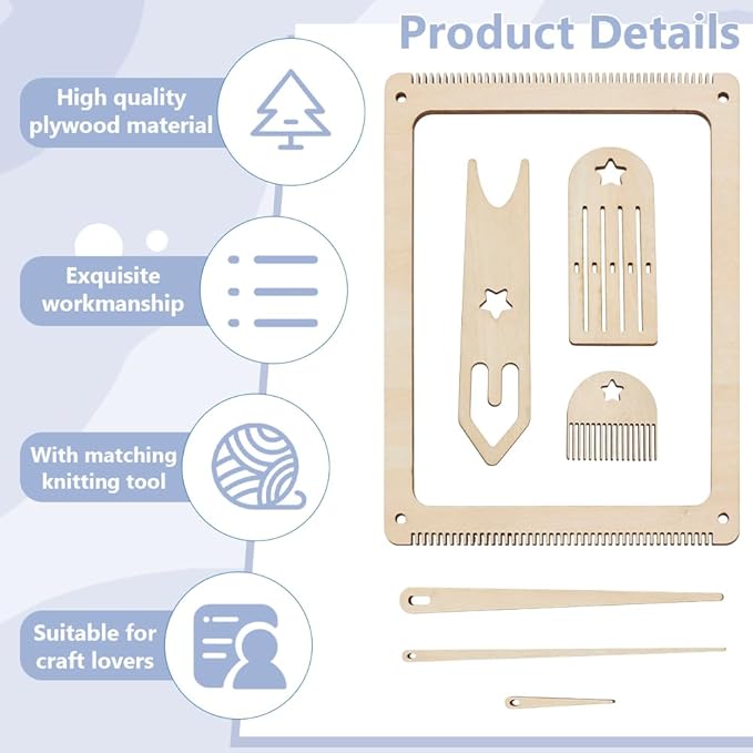 BEUNITONE 7 Pcs Wood Weaving Loom Kits for Beginners Weaving Loom Frame with Tools Bookmark Loom with Weaving Comb and Crochet Needle Knitting Crafts Loom for Adults Weaving Lovers DIY 2 Sets