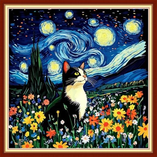 Redxing Stamped Cross Stitch Kits Embroidery kit for Beginners Adults Full Range of Embroidery Patterns Starter Kits DIY Printed Cross Stitch Kits Needlepoint Kits 11CT-Van Gogh Starry Cat 18x18 inchs by RedxingStampedCrossStitchK