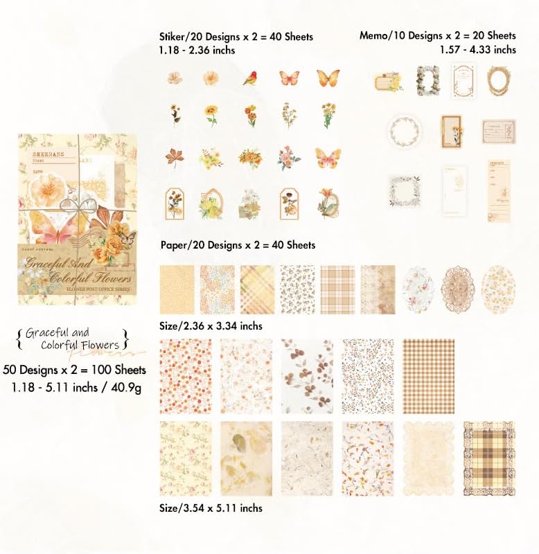 OKUPAN Vintage Floral Scrapbook Paper & Journaling Stickers (100pcs) Assorted Set (Yellow) - Scrapbook Supplies for Bullet Journaling, Retro Crafts, Planner, Mixed Media, Card Making - Image 3