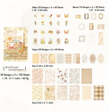 OKUPAN Vintage Floral Scrapbook Paper & Journaling Stickers (100pcs) Assorted Set (Yellow) - Scrapbook Supplies for Bullet Journaling, Retro Crafts, Planner, Mixed Media, Card Making - Image 3