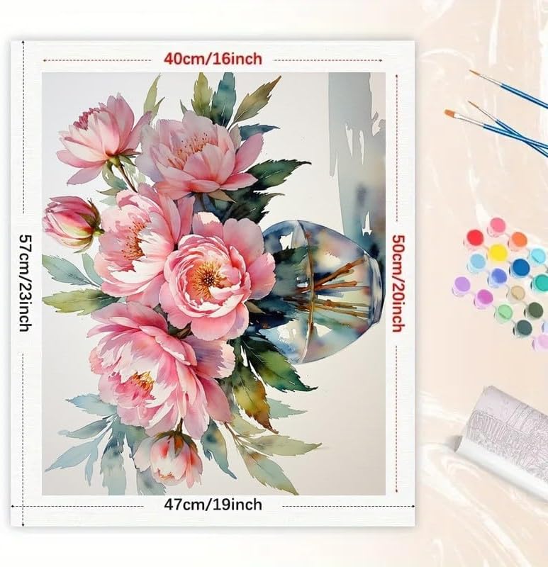Peony Bloom Paint by Numbers Kit for Adults - DIY Pink Flowers in Glass Vase and Petals Falling Painting on Canvas 16x20 Inches, Acrylic Paint Set for Beginners, Art for Home Decoration Gift - Image 2