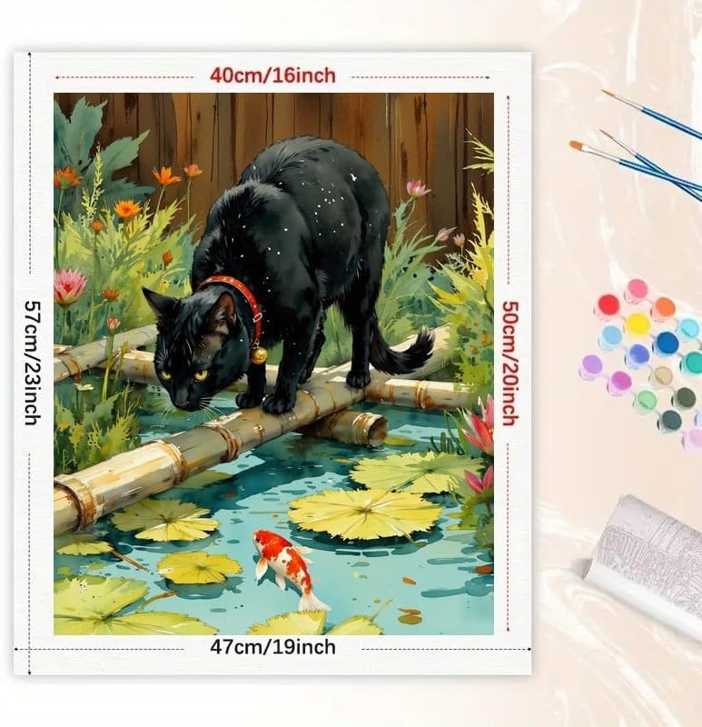 Animal & Garden Paint by Numbers Kit for Adults - DIY Black Cat Watching Koi Fish Painting on Canvas 16x20 Inches, Acrylic Paint Set, Suitable for Beginners,Pet Art for Home Decoration/Gifts - Image 2