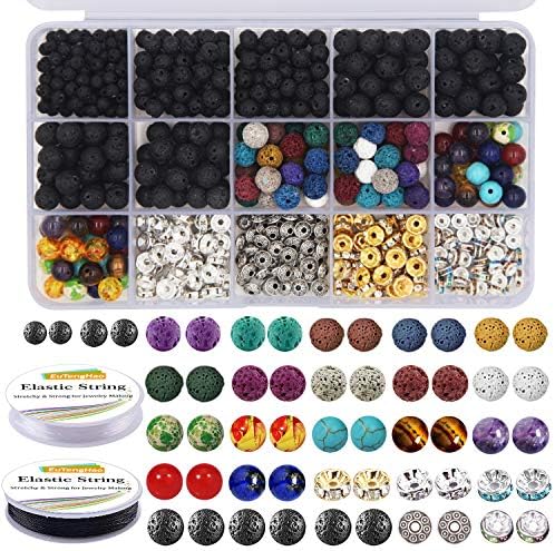 EuTengHao 602Pcs Lava Beads Stone Kits with 8mm Chakra Beads and Spacers Beads Bracelet Elastic String for Diffuse Essential Oils Adult DIY Jewelry Making Supplies by EuTengHao