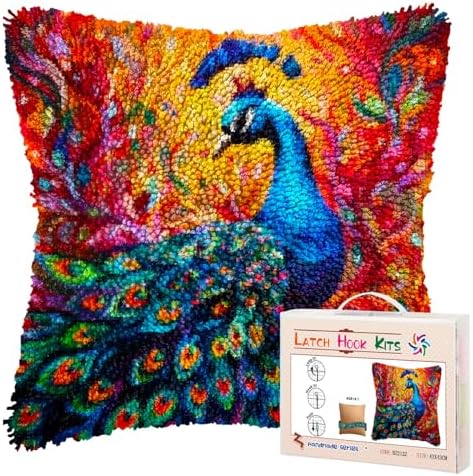 Colorful Peacock DIY Latch Hook Pillow Kits for Adults Printed Pillowcase Crochet Yarns Hooking Handmade Pillow Cover Cushion for Home Sofa Decoration 17x17inch by Unknown