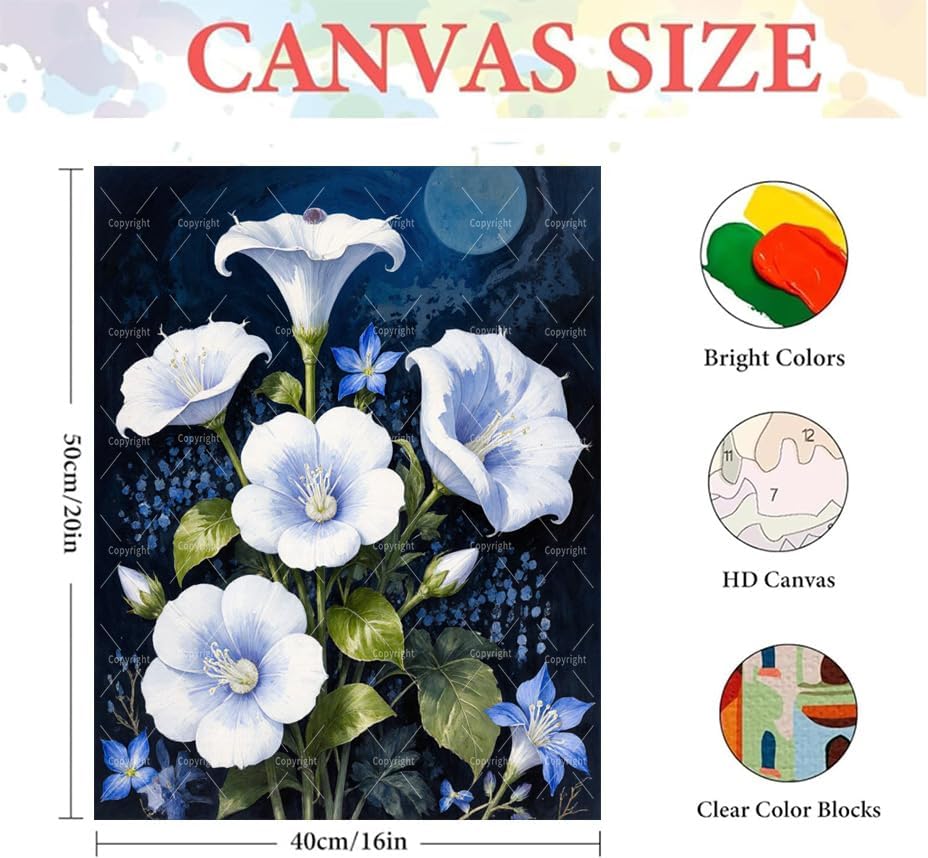 Sceorixa Floral Paint By Numbers Kit for Adults - DIY White Moonflowers Painting On Canvas 16X20 in, Acrylic Paint Set, Suitable for Beginners, Wall Decor Art for Home Decoration Or Gifts, Unframed - Image 2