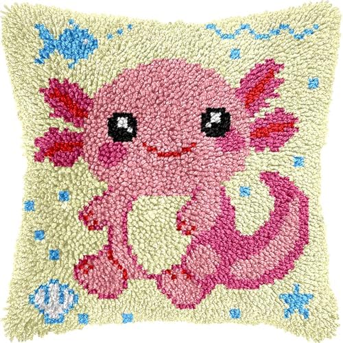 veirousa Latch Hook Kits for Adults, DIY Axolotl Pillow & Rug Craft Kit for Beginners, Marine Handmade Yarn Art, Relaxing Home Sofa Decor Gift 17x17 Inch by VEIROUSA