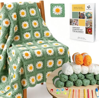 HHSarioneiro Crochet Blanket Kit for Beginners, Easy Granny Square Crochet Kit for Adults,with Step-by-Step Instructions and Clear Videos, Includes Multiple Accessories, Gift for Craft Lovers by Unknown