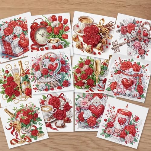 12 Pcs Diamond Painting Greeting Cards Kit Rose Flowers Candle Coffee with Envelopes, 5D DIY Special Shaped Rhinestone Art Card Making Kits for Adults, Holiday Blessing Postcards, Creative Craft Gifts - Image 2